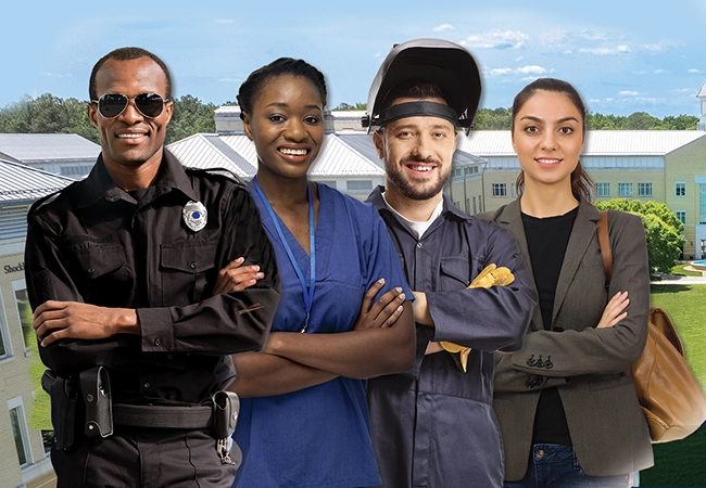 group of people superimposed over campus